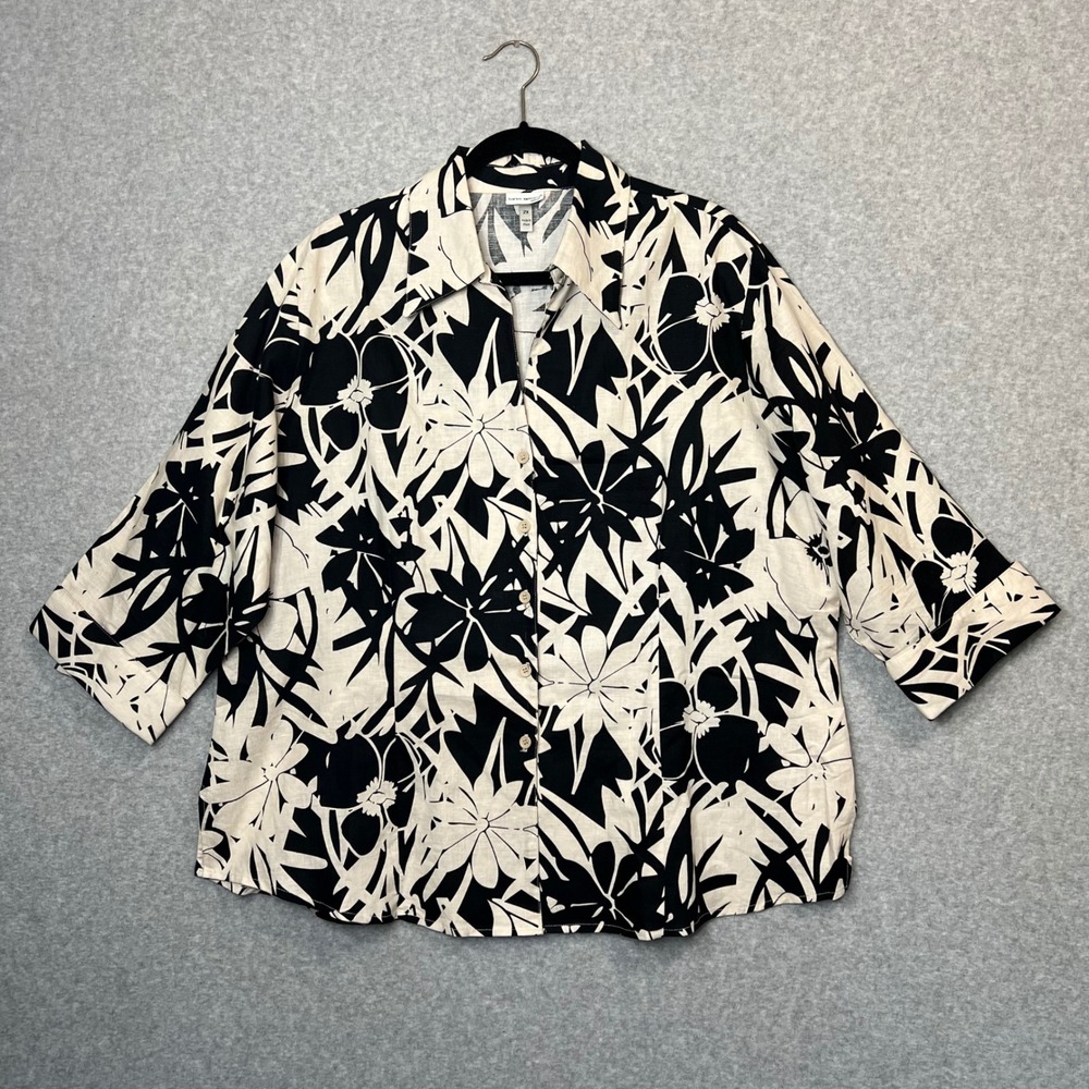 Harve Benard Women's 2X Linen Cotton Floral Tropical Button Up Shirt 3/4 Sleeve